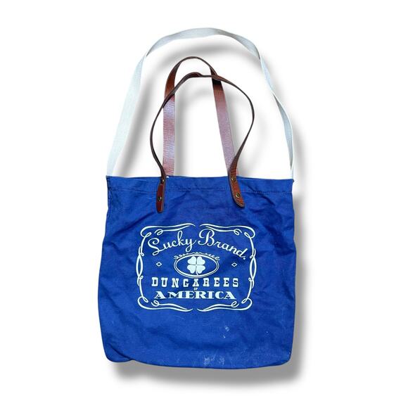 Lucky Brand Tote Bag Blue Canvas Crossbody Logo Leather Top Handles - Picture 1 of 11